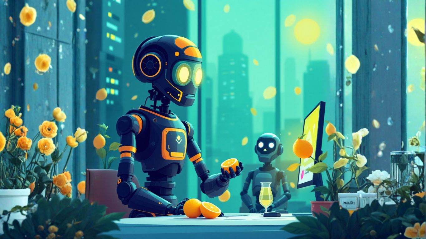 Futuristic AI agents at a desk squeezing lemons into lemonade, symbolising LaunchLemonade's smart automation for business cost savings