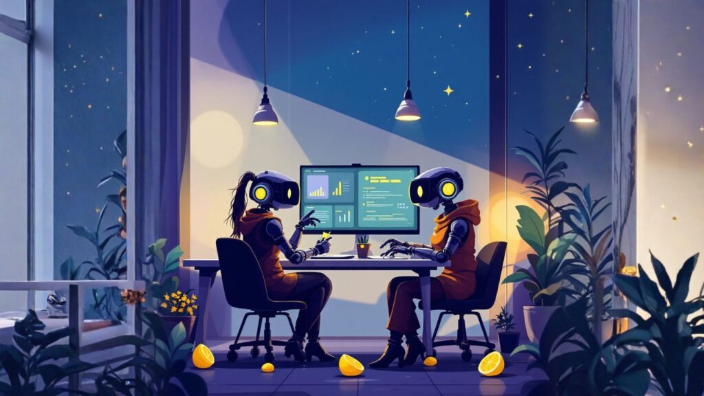 Two futuristic workers with VR headsets analyse data on a computer, troubleshooting integration issues in a modern tech workspace