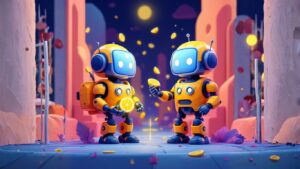 Two robots exchanging lemons on a vibrant path, symbolising innovation and teamwork driven by a strong product vision for LaunchLemonade