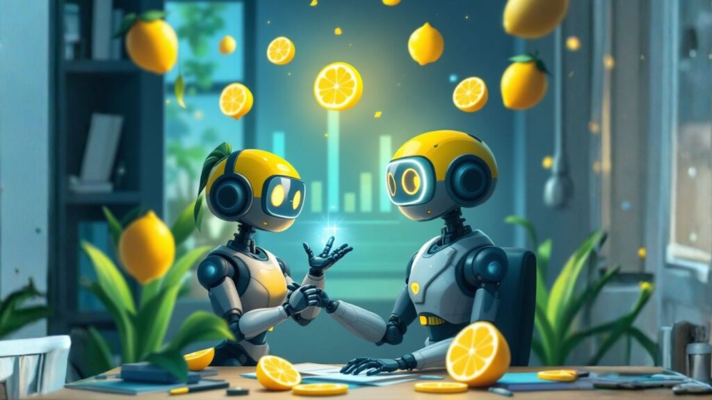 Two friendly robots with lemon-themed designs collaborate at a desk, symbolising LaunchLemonade’s seamless integration with third-party platforms