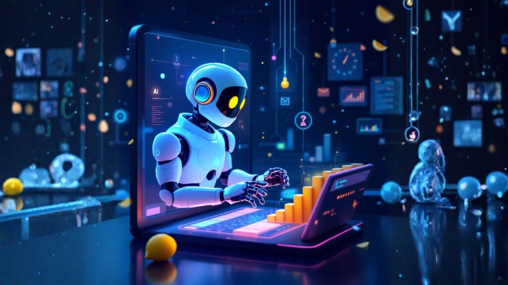 Futuristic AI agent automates tasks on a laptop, symbolising efficiency and comparing open source vs proprietary AI for productivity solutions