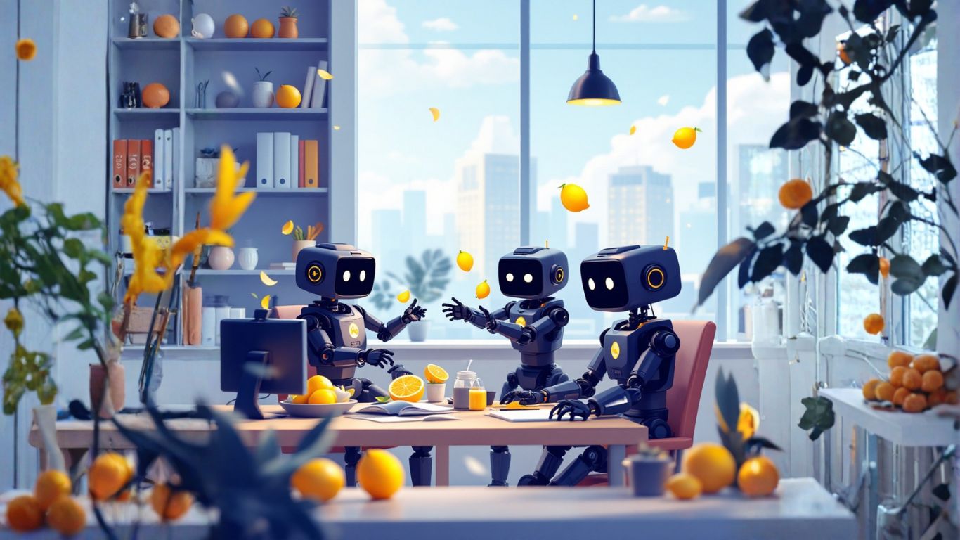 Three friendly robots sit at a table in a bright office with oranges around them, symbolising teamwork and spotting bias in fair and balanced AI
