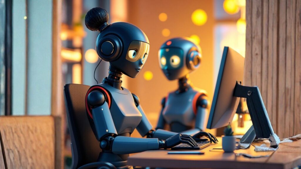 Two humanoid robots working at computers in a modern office, symbolising teamwork and AI integration to boost small team productivity and innovation