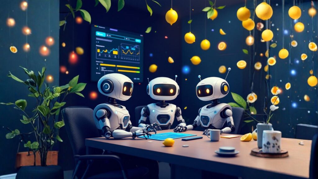 Three robots collaborate at a table with analytics on a screen behind them, symbolising teamwork and data insights in team AI dashboards