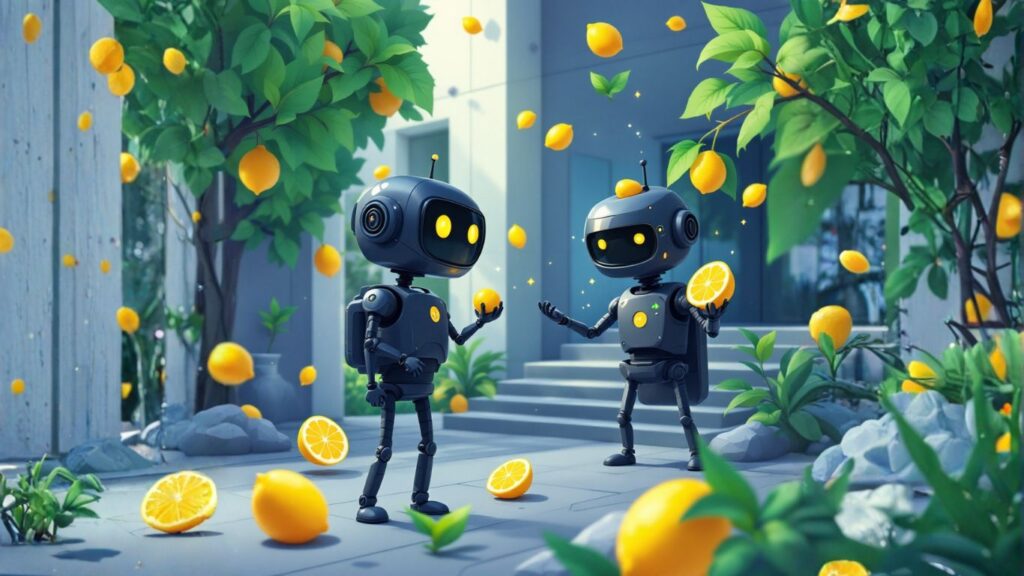 Two AI agents outside a modern office with lemons floating around, symbolising the future of internal tools and why companies are switching to AI agents