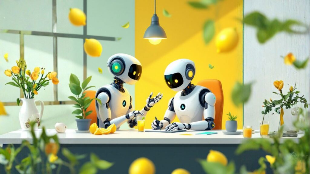 Two friendly AI agents sit at a bright desk with lemons and plants, symbolising collaboration and coaching in licensing AI models to clients