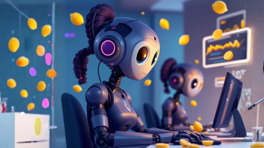 Futuristic robots representing cross-functional AI agents collaborating in an office, symbolising teamwork, innovation, and data-driven business growth