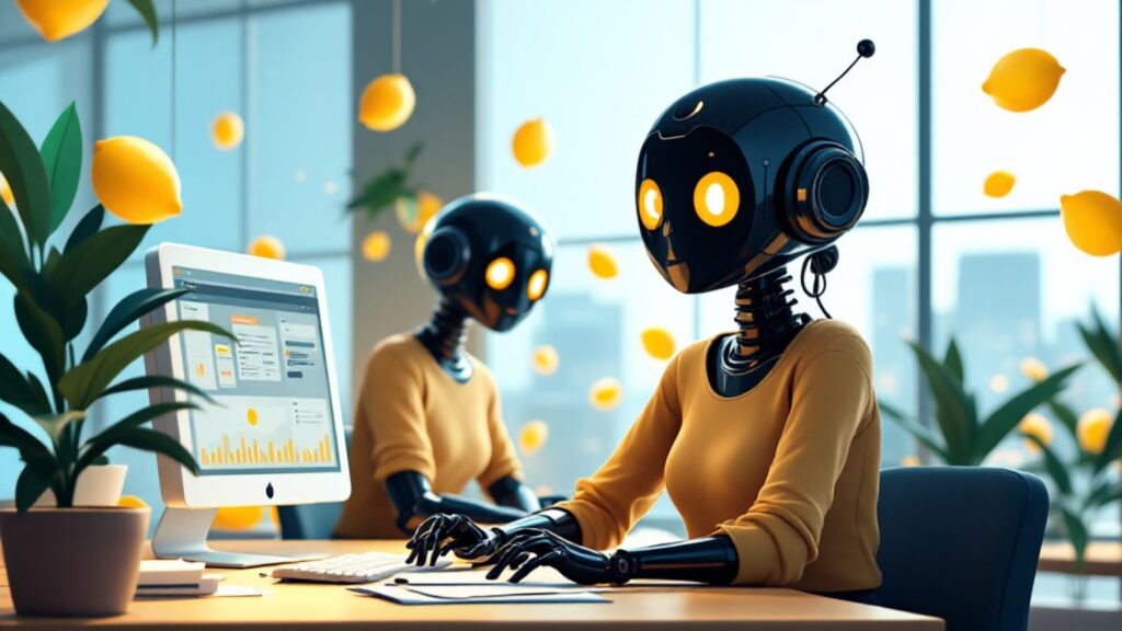 Futuristic robots working on computers in a bright office, symbolising innovation and efficiency powered by no-code AI builders for businesses