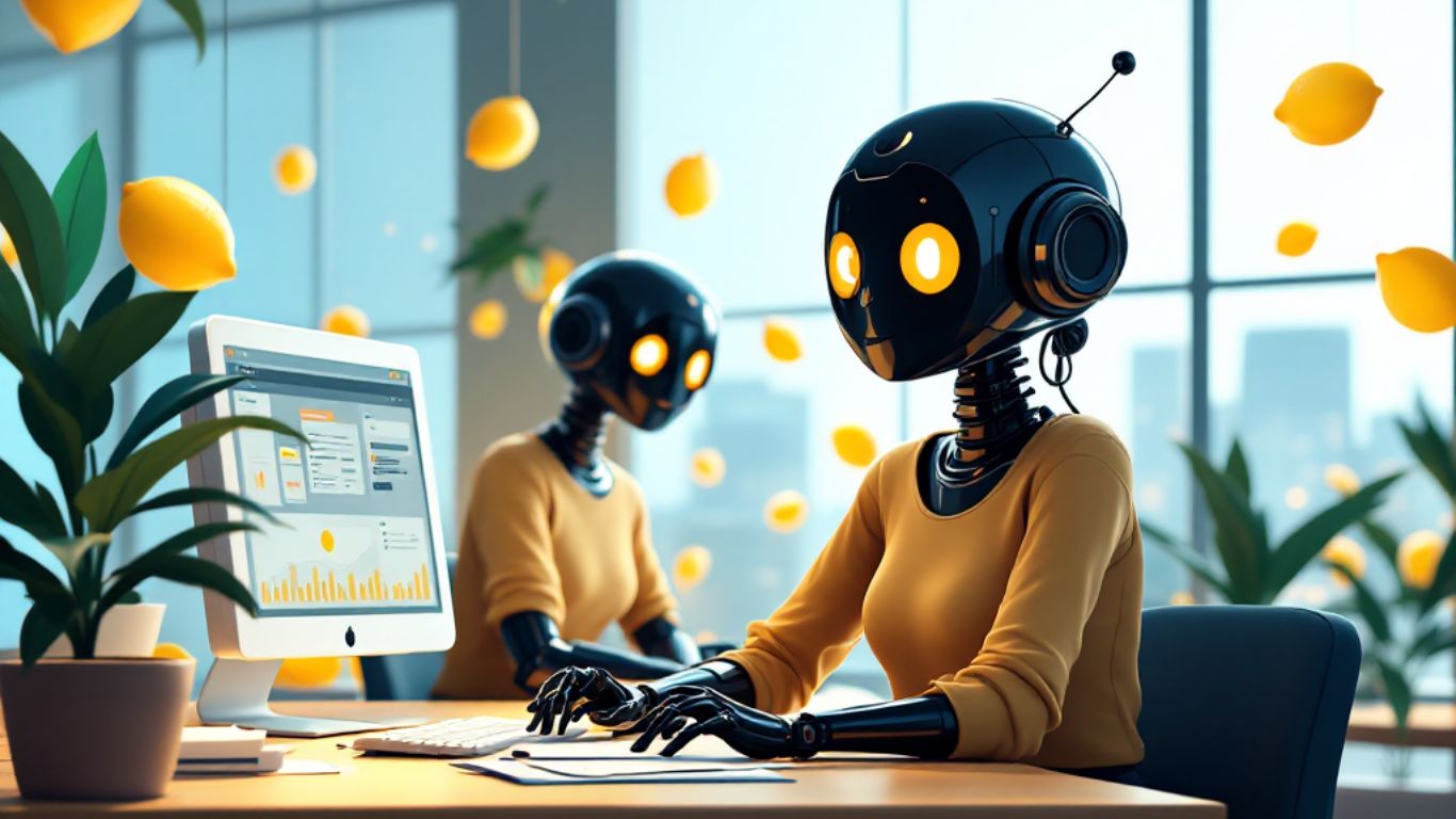 Futuristic robots working on computers in a bright office, symbolising innovation and efficiency powered by no-code AI builders for businesses