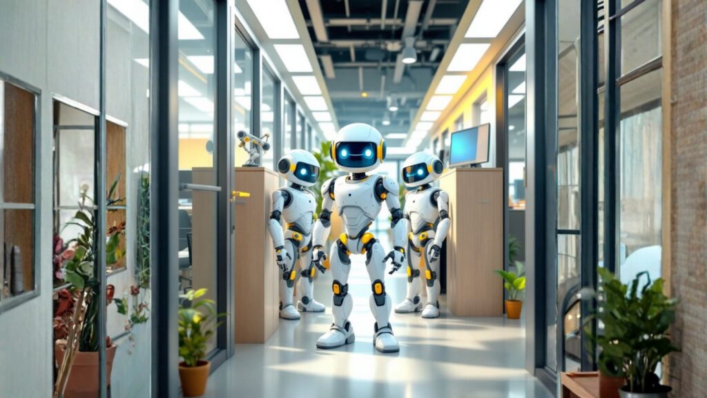 Robots in a modern office represent the AI shift transforming small teams in 2026, highlighting automation, collaboration, and tech-driven workflows