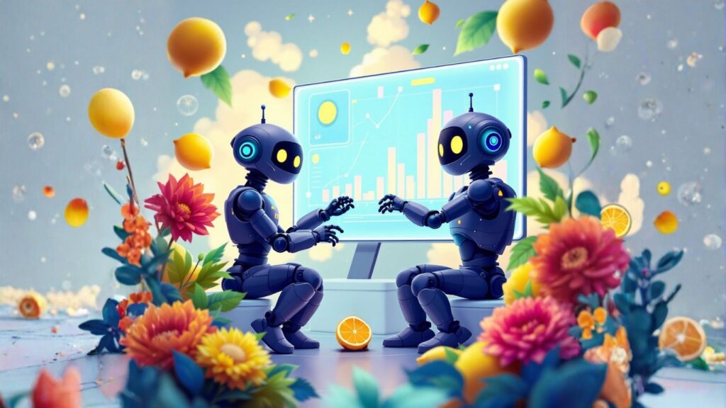 Two robots analyse bar charts on a screen, symbolising how AI training data powers machine learning and helps improve model accuracy and decision-making