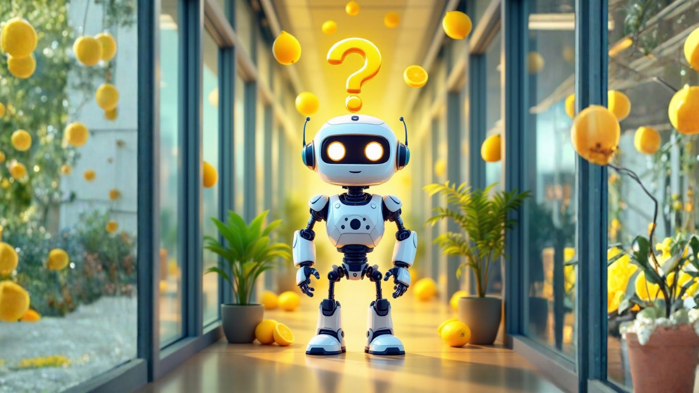 A robot stands beneath a question mark among floating lemons in a modern hallway, representing businesses questioning the rise of Agentic AI