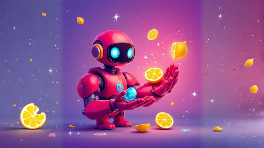 Futuristic red robot juggling citrus slices and a glowing orb on a vibrant background, symbolising creativity and balance in comparing AI tools