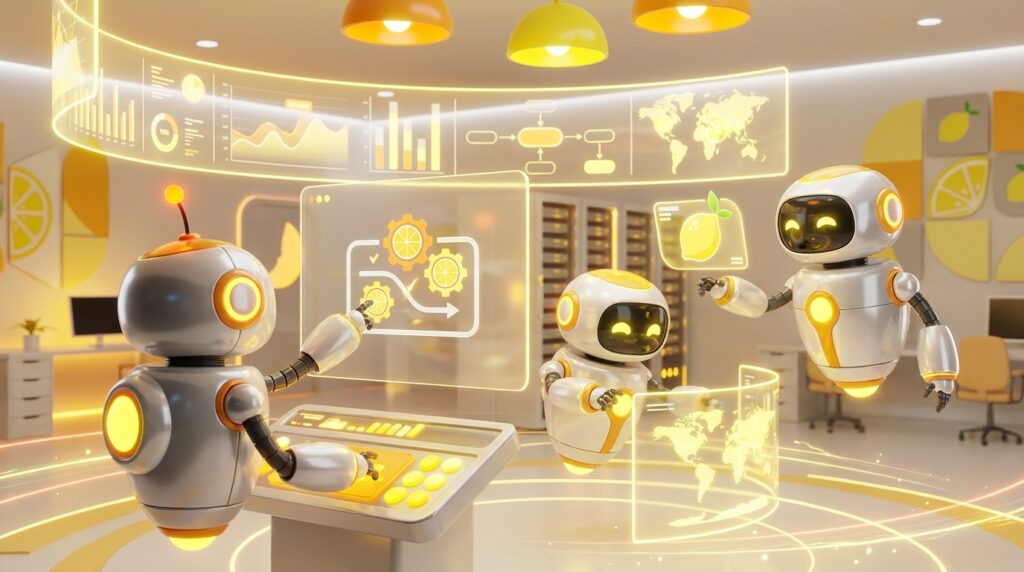 Team of friendly AI robots collaborating in a bright, modern tech space with citrus accents, visualising the LaunchLemonade Product Vision roadmap and strategy.