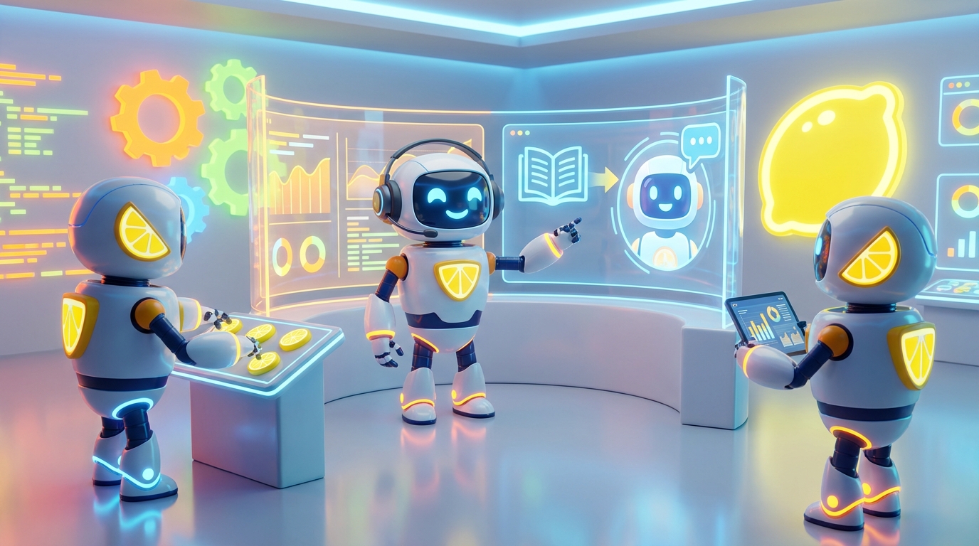 Team of friendly AI robots collaborating in a bright, modern tech space with citrus accents, illustrating a course to coach AI assistant transformation in action.