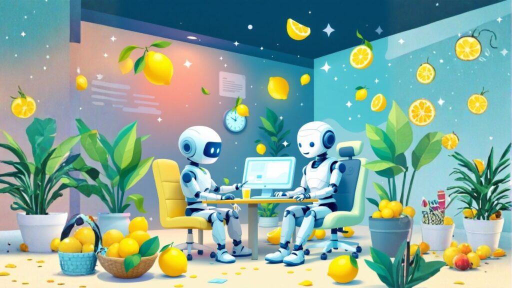 Robots working amid plants and lemons, symbolising AI innovation and teamwork for a greener planet