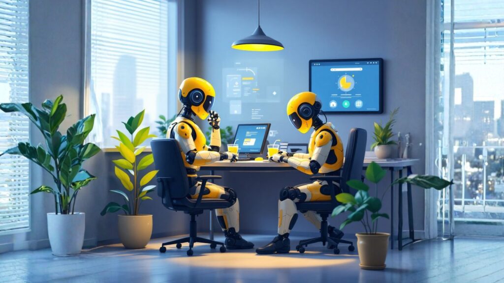 Two yellow robots work at a desk with laptops, representing AI teamwork and the creation of a scalable assistant
