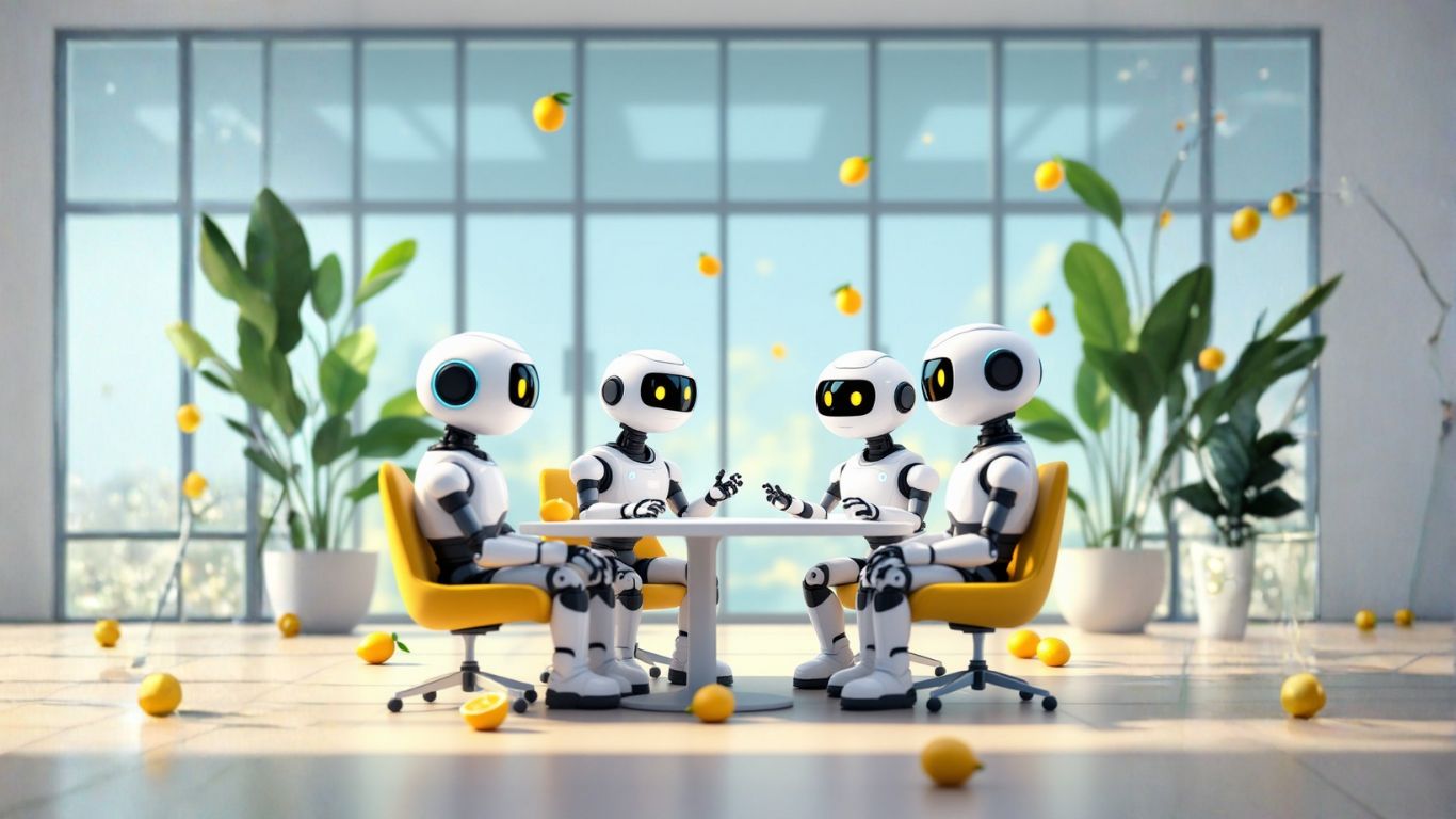Team of AI robots in a hospital meeting room with glass walls discussing how healthcare providers use an AI intake assistant to enhance client retention