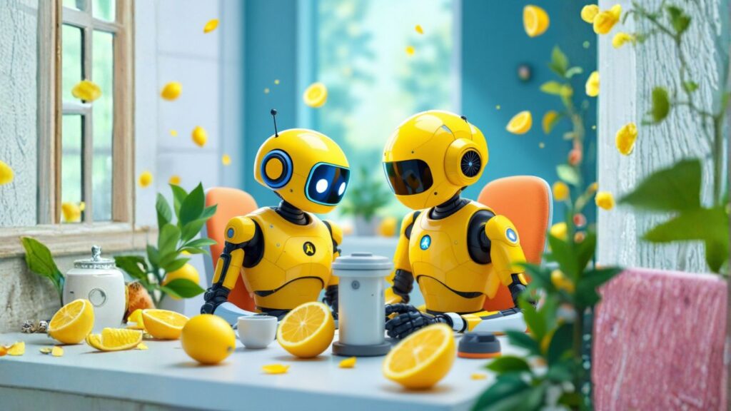 Two yellow robots as an AI assistant share tea and lemons, symbolising turning courses into interactive AI coaching tools