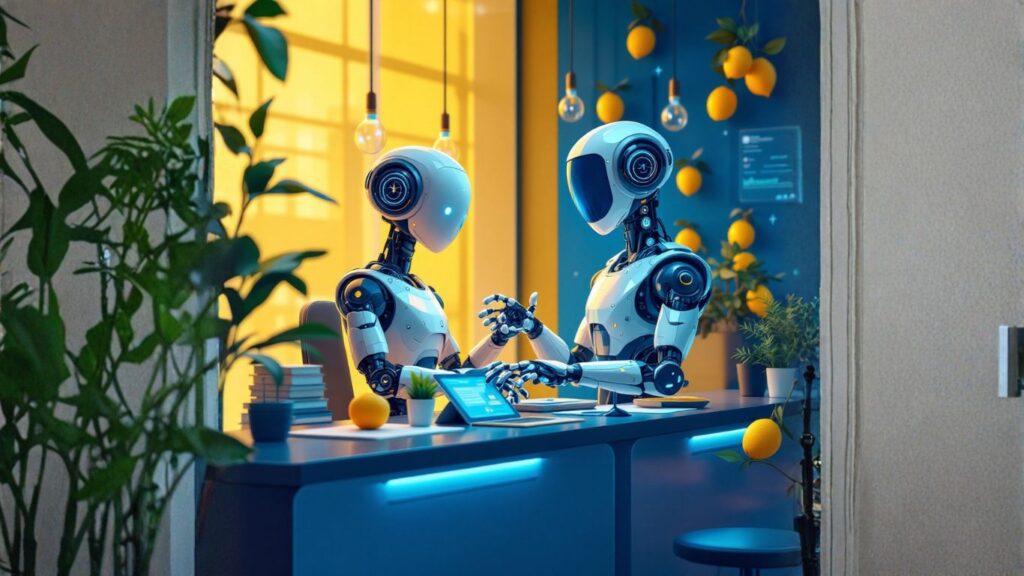 AI robots working as accountants at a banking company’s front desk, showing how AI assistants help accountants automate tasks and enhance efficiency