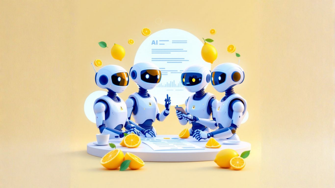 Group of adult AI robots collaborating and showing how AI assistants help teams conduct retrospectives and generate insightful reports