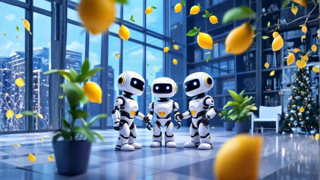 Team of AI robots working as consultants inside a business building, discussing and planning for improved efficiency