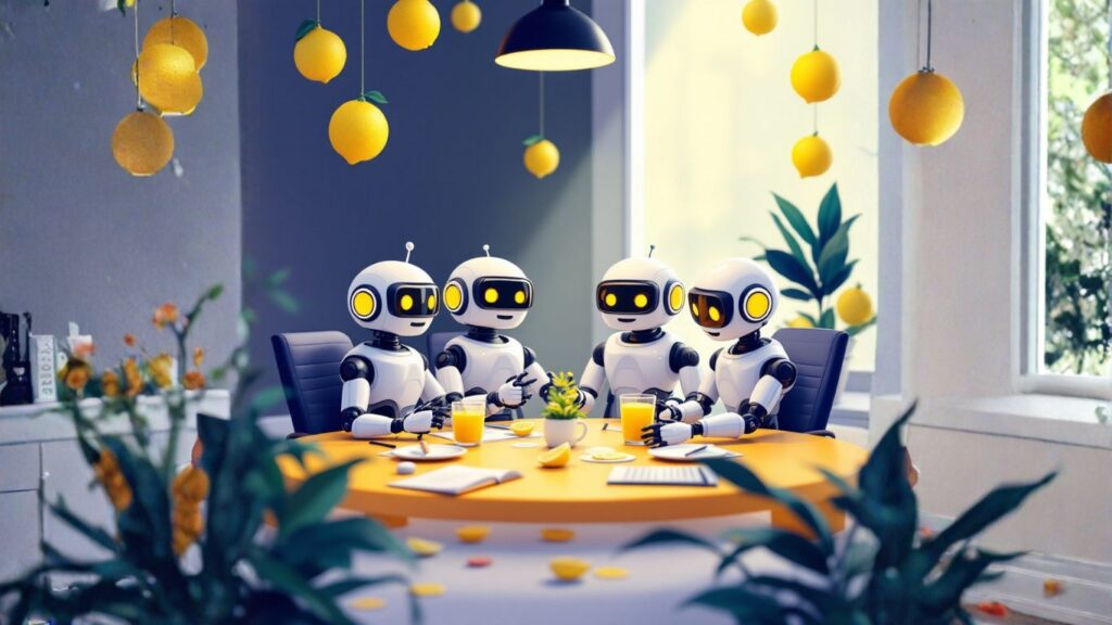 eam of AI robots in a meeting room discussing how consultants can offer clients a Done-With-You AI that walks them through strategy and guided execution