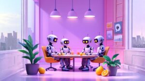 Team of AI robots in a professional meeting room collaborating to design a custom knowledge retrieval bot system that enhances team access to information
