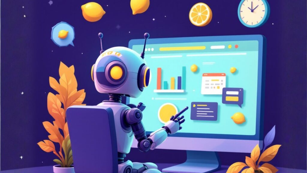 AI robot working at a computer integrating AI to client products via API without human engineers, showcasing automation and no-code development power