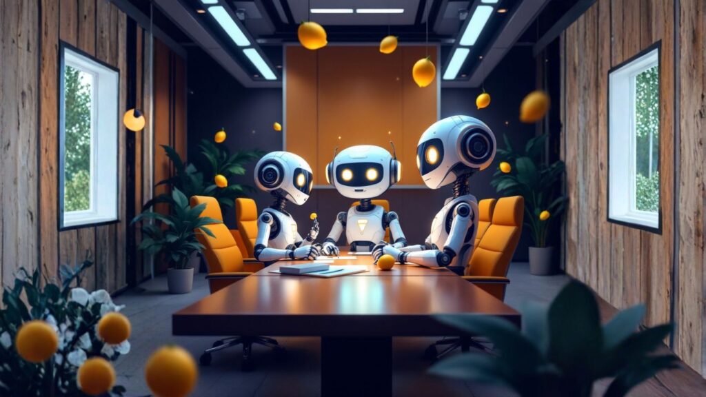 Team of AI robots in a professional boardroom collaborating to build a departmental AI hub, creating specific use cases to optimise business operations