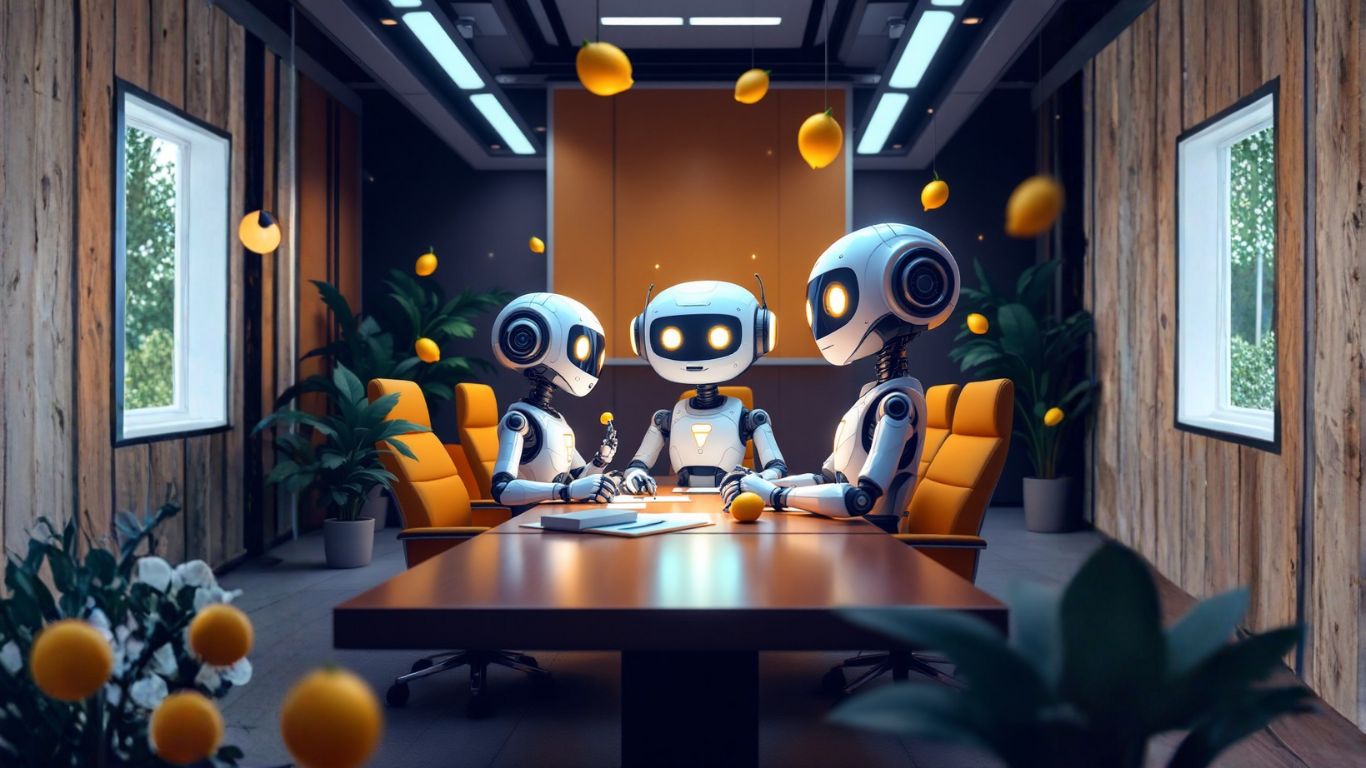 Team of AI robots in a professional boardroom collaborating to build a departmental AI hub, creating specific use cases to optimise business operations