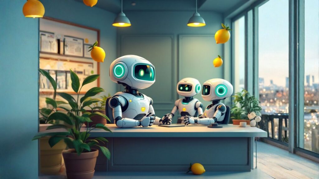 Team of AI robots in a front desk office discussing how to build an AI billing assistant that tracks time, automates invoicing, and improves payment efficiency