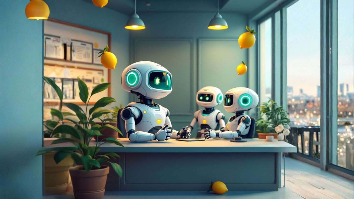 Team of AI robots in a front desk office discussing how to build an AI billing assistant that tracks time, automates invoicing, and improves payment efficiency