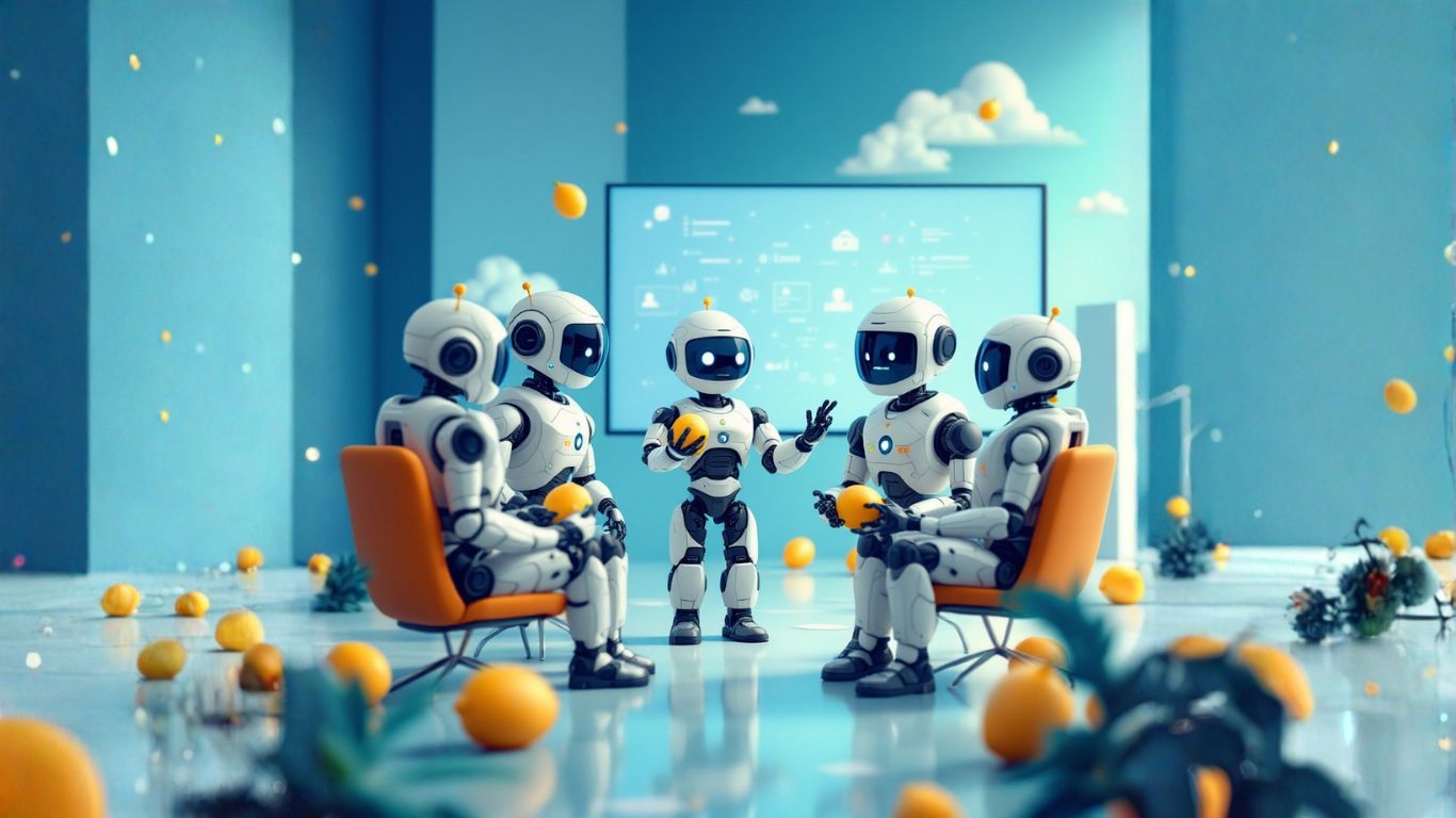 Group of AI robots collaborating in front of a large screen, illustrating how to build a secure intake assistant for clients using no-code technology