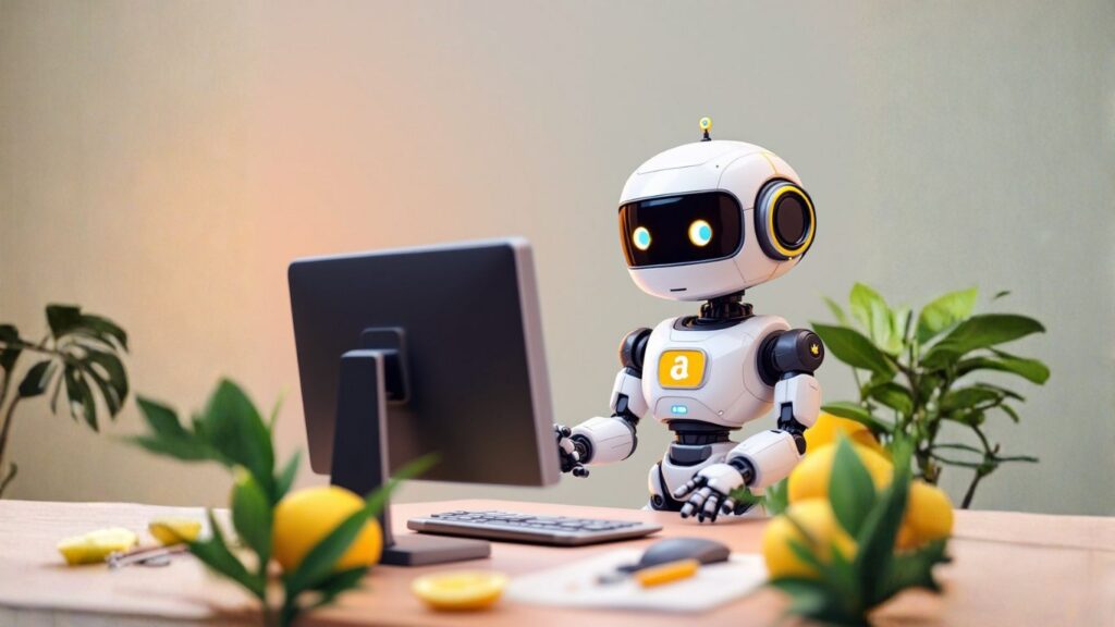 AI robot working at a computer creating templates to transform custom decks into dynamic AI pitches