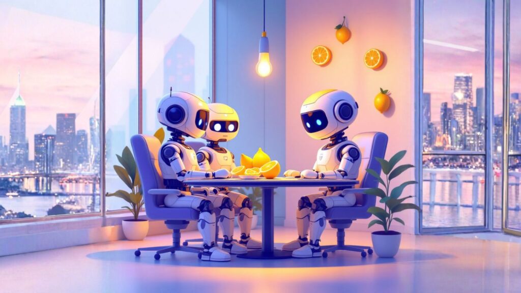 Team of AI robots in a private meeting room collaborating on strategies to build and sell micro-coaching AI bots at scale for enhanced team performance