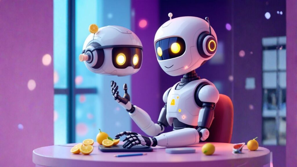 Professional AI robot in an office brainstorming ways to transform standard operating procedures into an interactive AI helpdesk for efficient team support