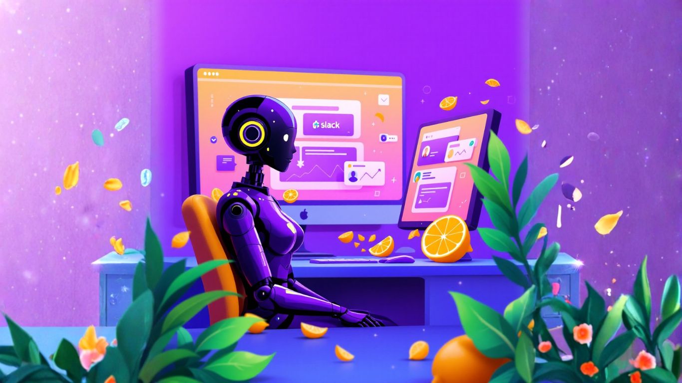 Female AI robot working at her desk using AI agents to reduce internal Slack volume by 50%, with the Slack app visible on her computer monitor
