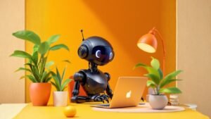 Female dark AI agent working in a small office, planning and strategising how to build a creator package that transforms personal expertise into AI tools