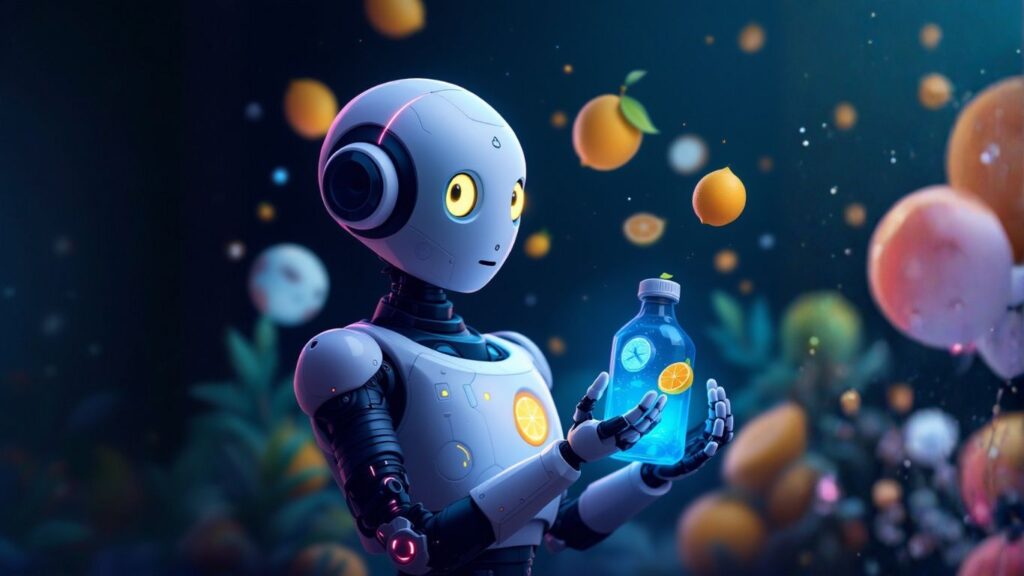 Dark-themed professional AI robot working in an office building a custom AI agent for niche industries to automate market research and data analysis