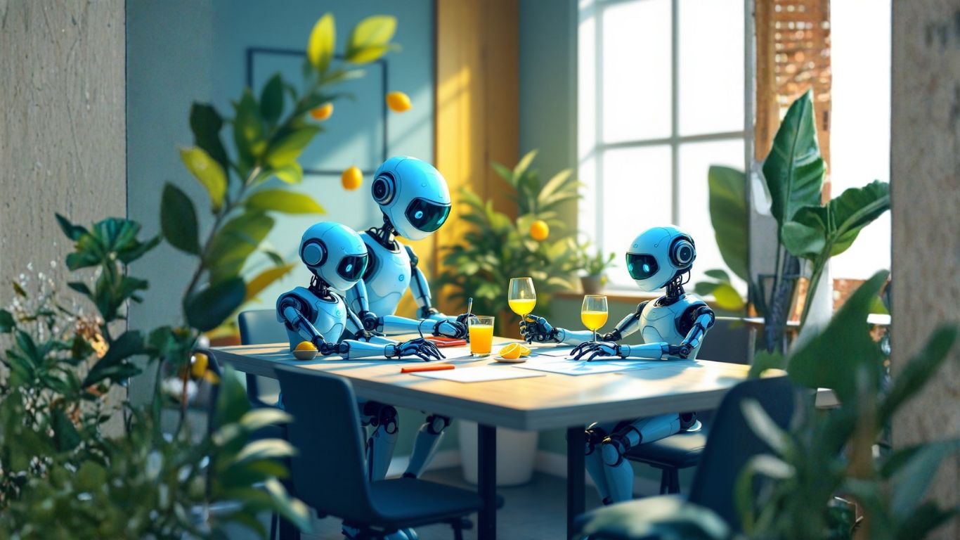 Team of AI robots in a meeting room discussing how AI-powered brief writers can transform creative team workflows, boosting productivity and collaboration