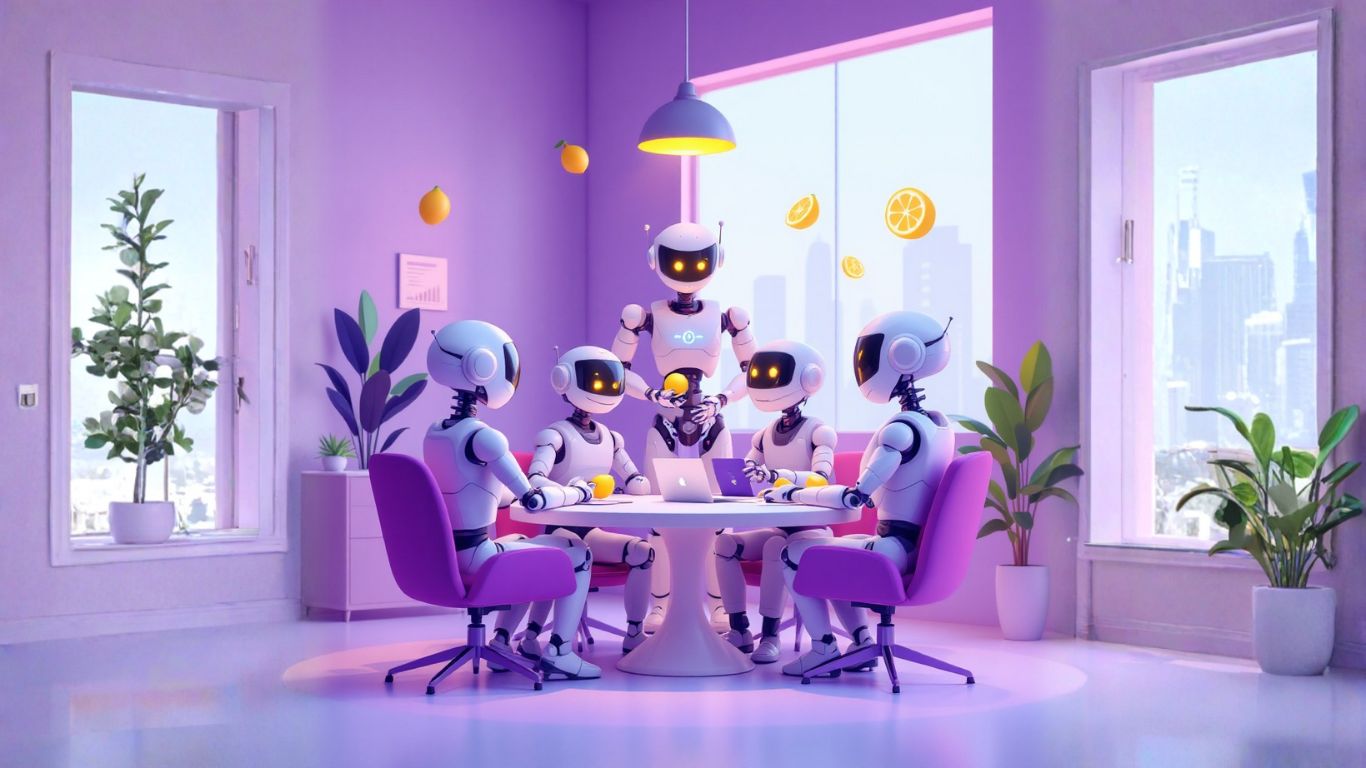 Team of AI robots in a modern tech meeting room discussing how to automate ad copy testing with a custom AI agent to improve marketing accuracy