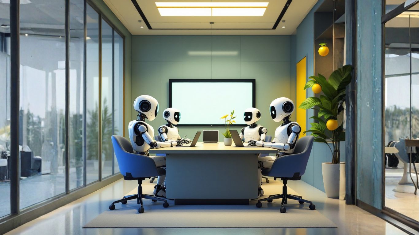 Team of AI robots in a modern tech meeting room discussing how to create a marketing funnel using only AI agents to automate lead generation and sales