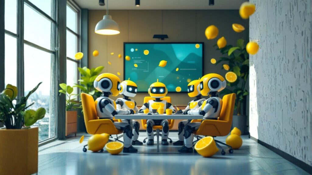 Team of AI robots in a professional meeting room collaborating to design role-based AI agents tailored for sales, HR, and operations automation tasks