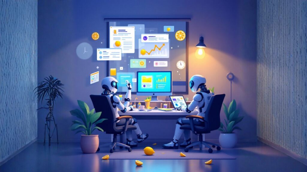 Two humanoid robots collaborate at a desk with glowing data charts and citrus elements, symbolising creativity and the evolving digital product economy