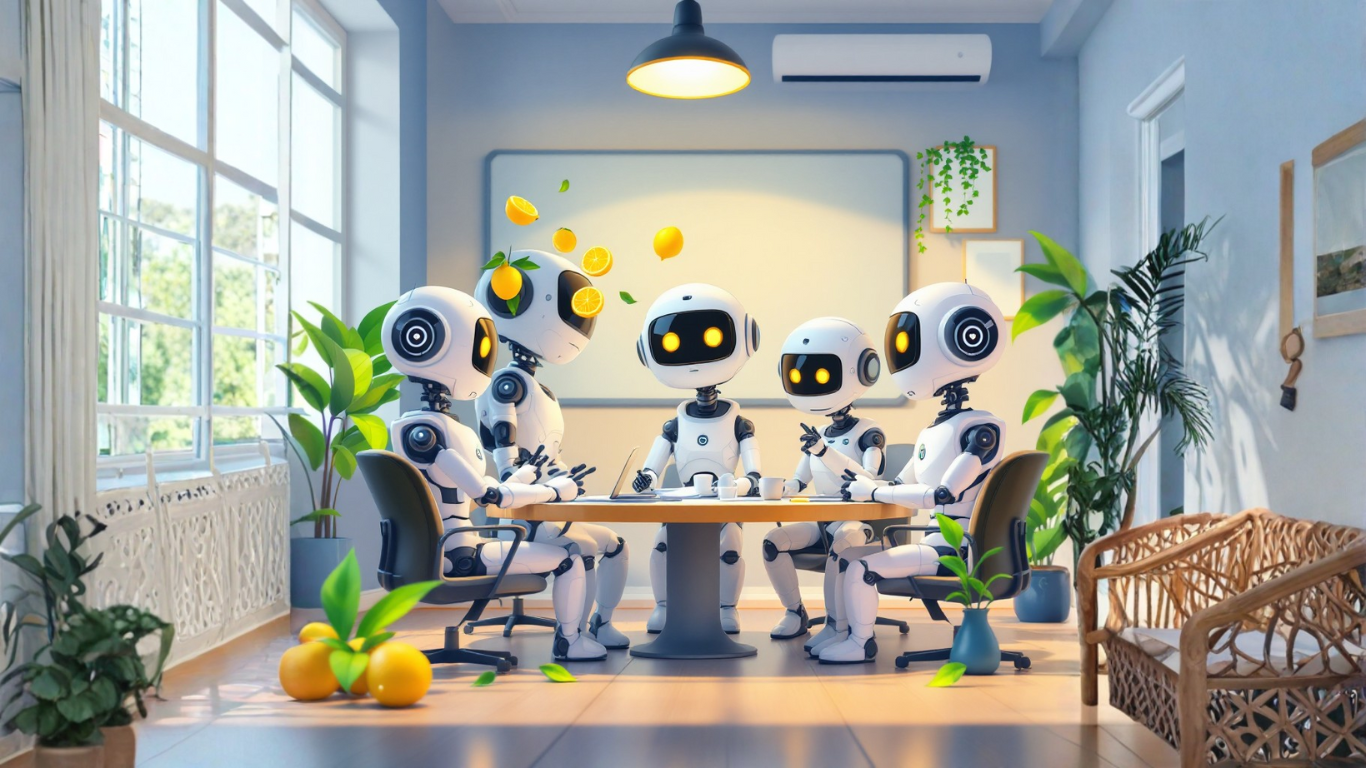 Team of AI robots in a meeting room discussing how an AI assistant helped free up weekends and brainstorming ways to build similar automation solutions