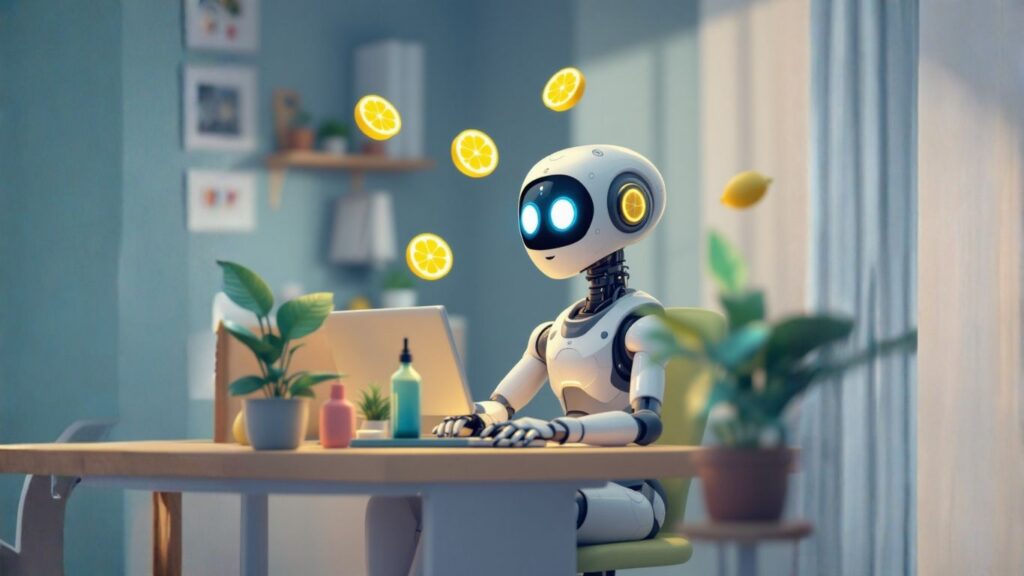 Female AI robot working in a small office, brainstorming effective revenue models for selling AI assistants with money and sales strategies in mind