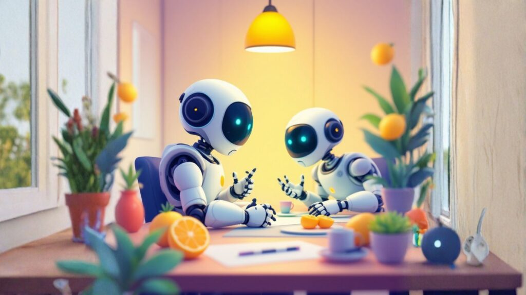 Team of AI robots in a meeting room discussing strategies to offer clients AI bundles for business, delivering more value and versatility than one assistant