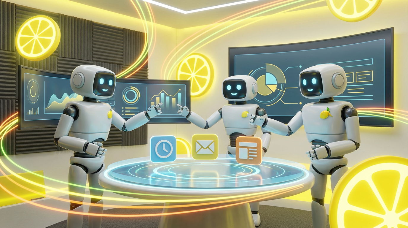 Team of friendly AI robots collaborating in a bright, modern tech space with citrus accents, showing how a custom AI agent can replace key client tasks efficiently.