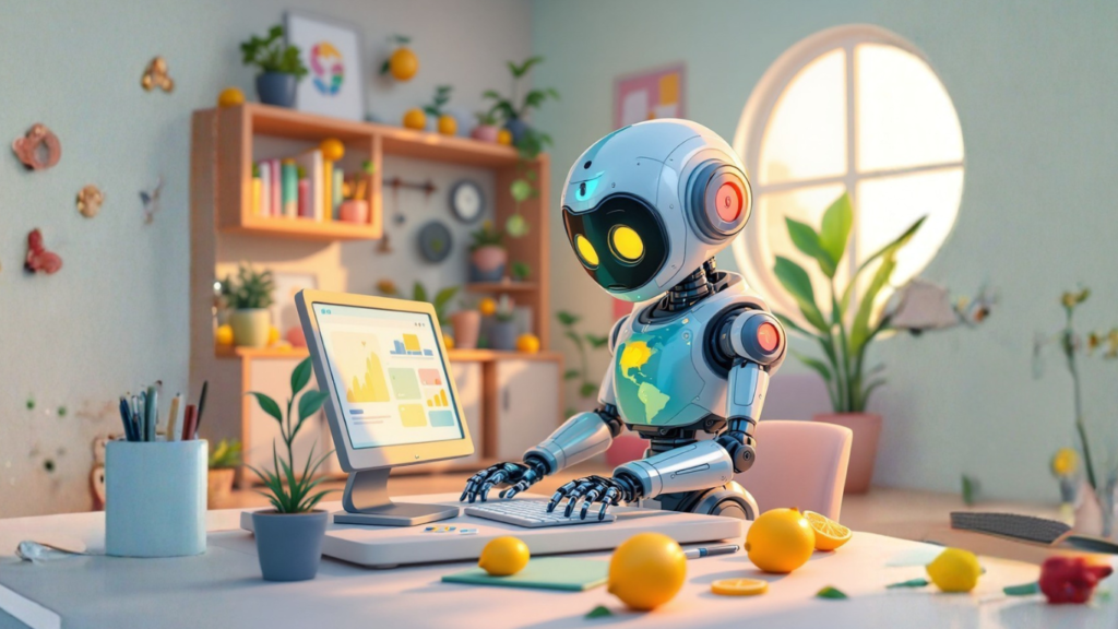 AI robot in a home office using a computer to explore how AI for side hustle can improve performance, automate tasks, and boost success in personal projects